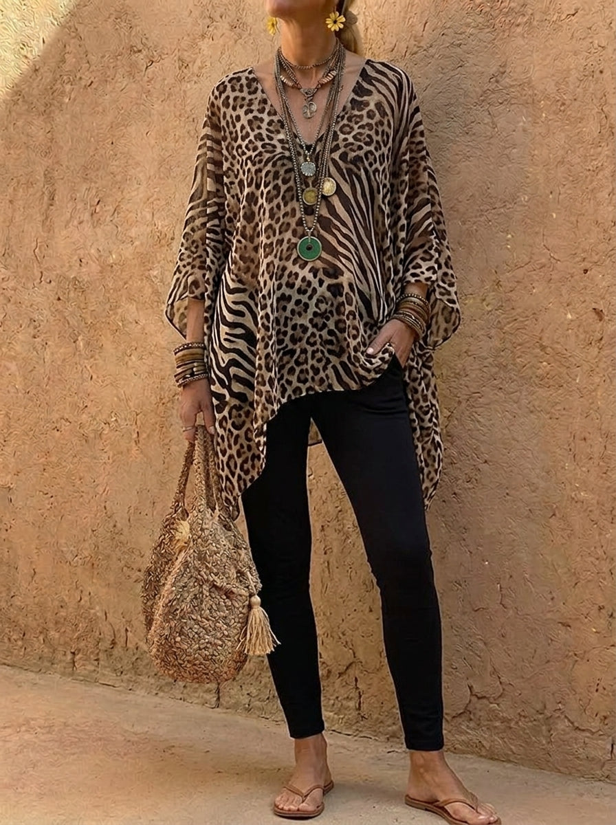 Women's Animal Print V-Neck Poncho Top