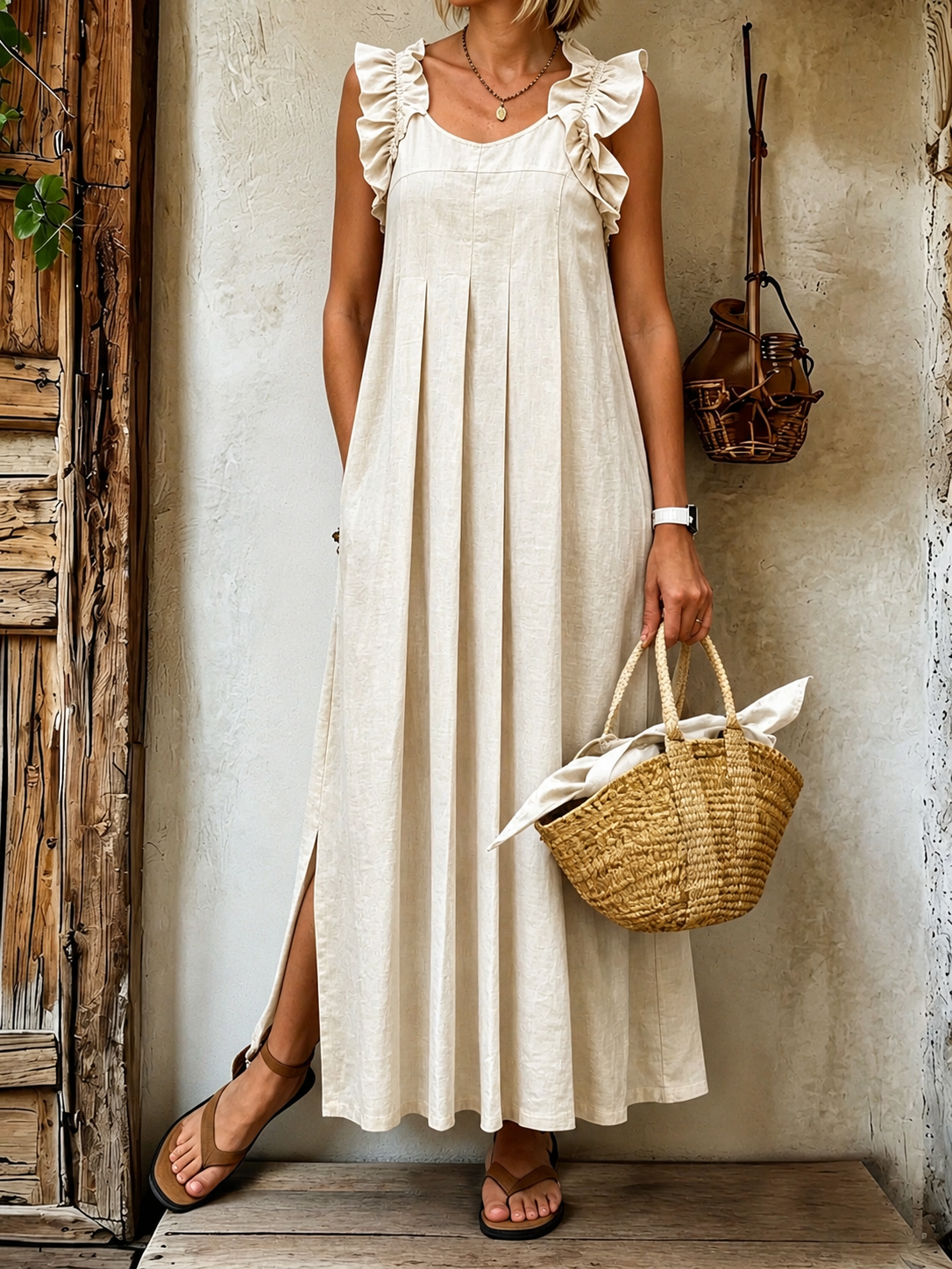 Women's Ruffle Strap Pleated Linen Midi Dress With Pockets