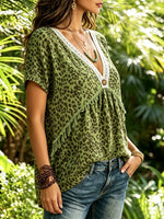 Women Green Leopard Print Lace V Neck Tassel Short Sleeve Blouse