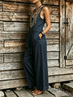 Women's Boho Embroidered Wide Leg Jumpsuit – Sleeveless V-Neck Cotton Linen Romper with Pockets