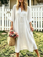 Women's Solid-Color Textured Short-Sleeve Maxi Dress with Drawstring Waist and Loose Fit
