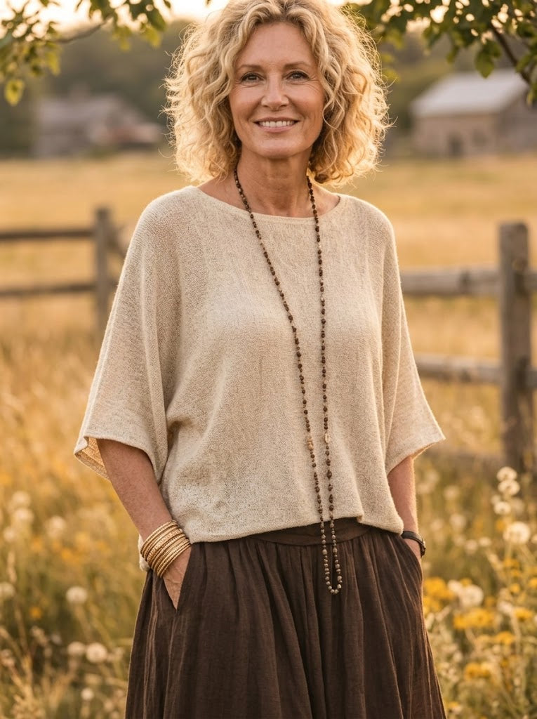 Women's Solid Dolman Sleeve Loose Knit Cotton Blouse