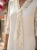 Women’s Cotton Lace Spliced Tie V Neck Cotton Midi Dress With Pockets