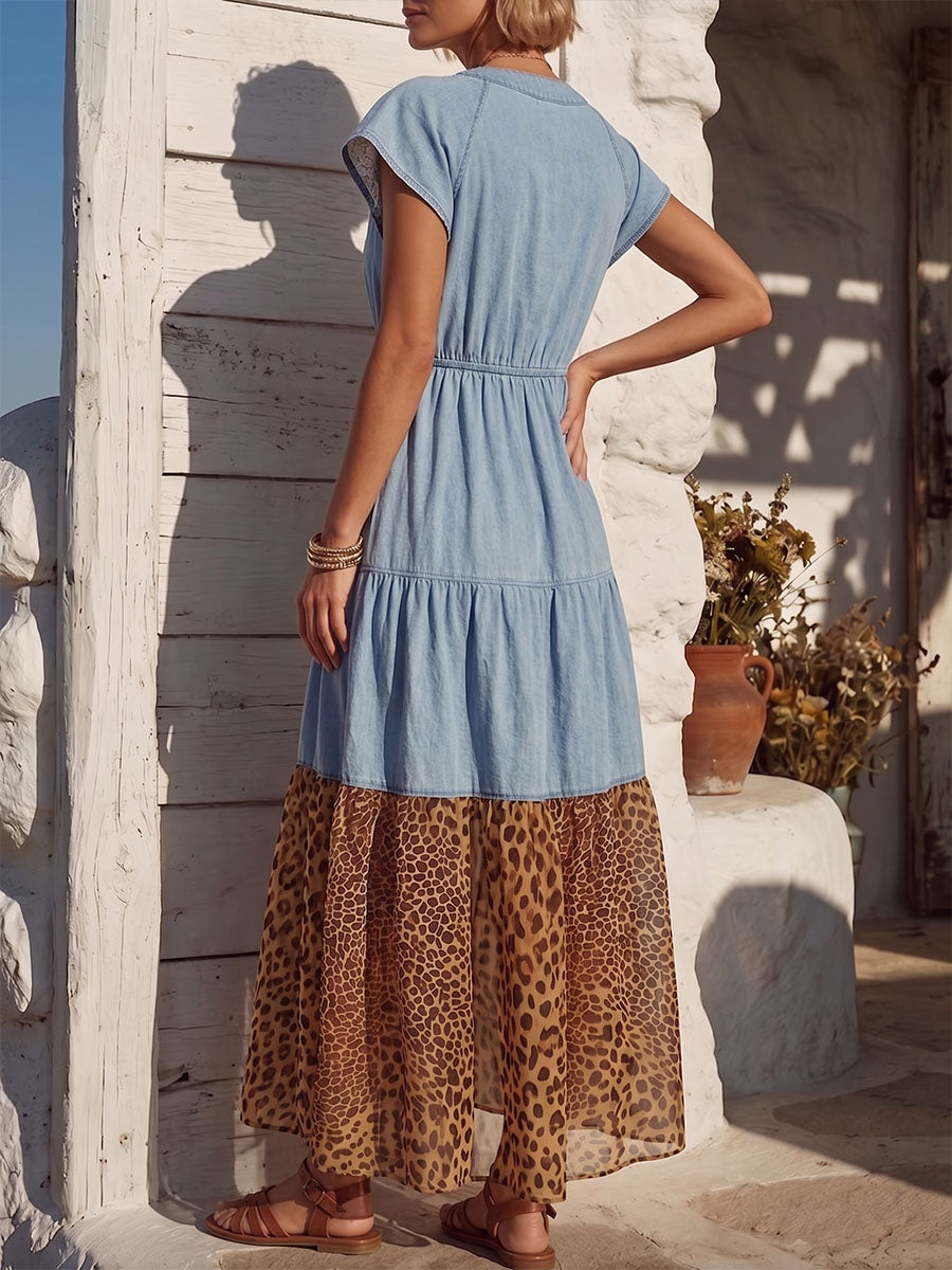 Vintage Art Comfortable Summer Fabrics Denim Patchwork Chiffon Dress