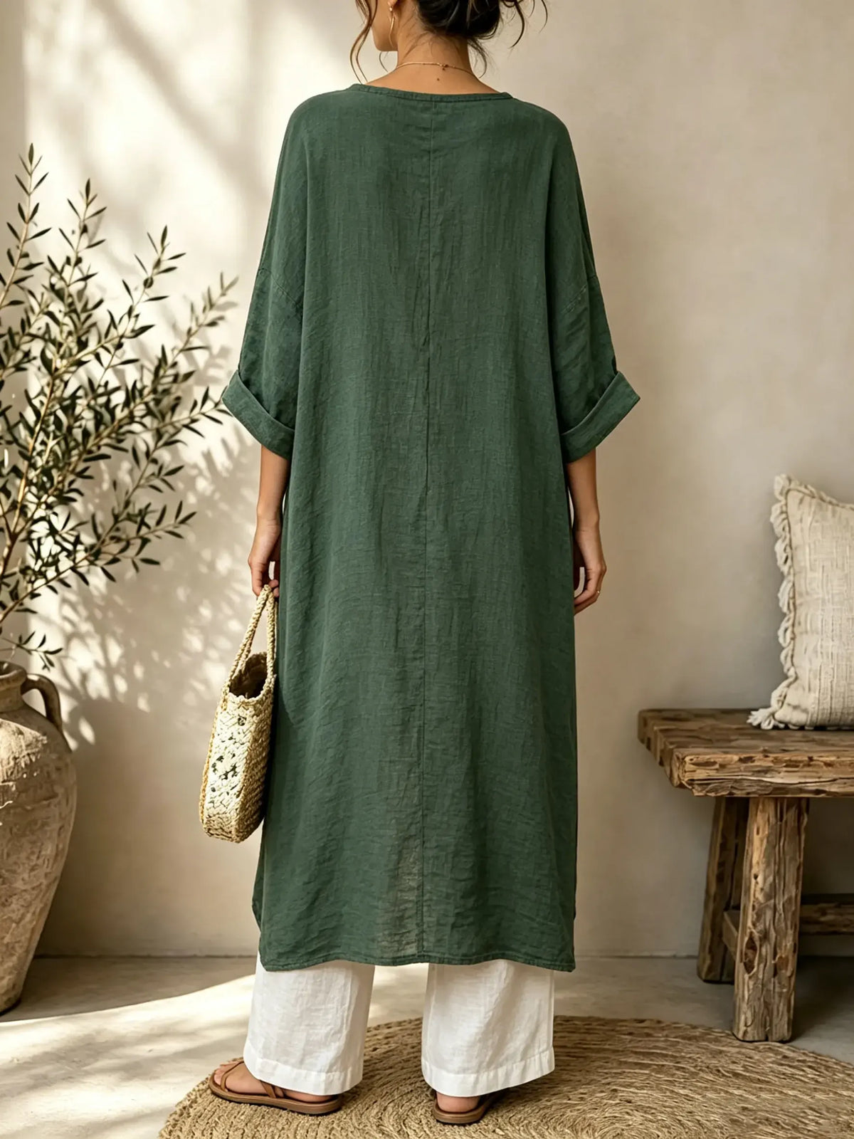 Women Solid Textured V-Neck Split Long Tunic