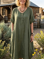 Women's Solid Linen Button V-Neck Irregular Hem Pockets Dress