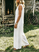 Womens Lapel Sleeveless Button Front Linen Wide Leg Jumpsuit With Pockets