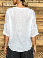 Casual V-Neck Front Tie Linen Shirt 5 Sleeve Textured Cropped Button Blouse