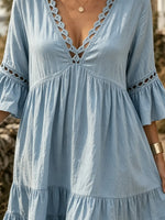Women's Solid Crochet Lace V-Neck Ruffle 3/4 Sleeve Tiered Midi Dress
