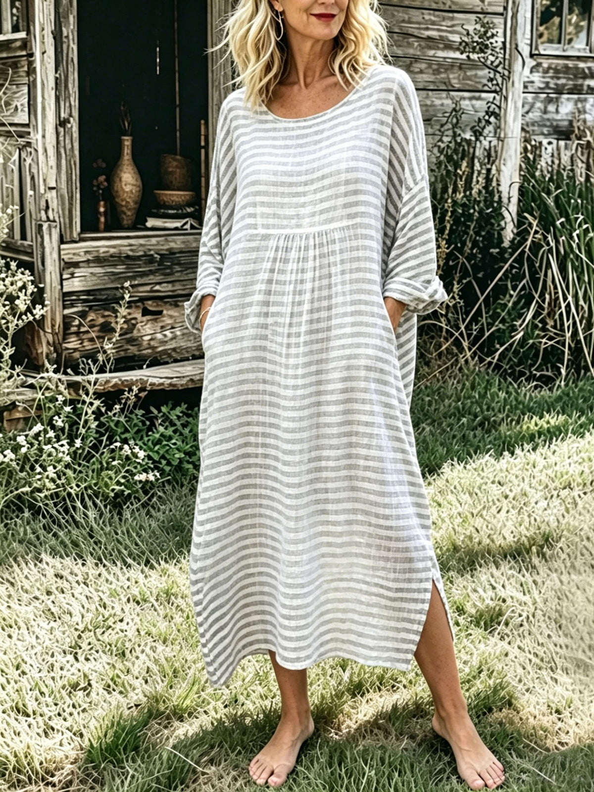 Women's Linen Stripe Loose Pockets Casual Split Flowy Summer Dress