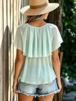 Women Solid Double Ruffle V-Neck Flowy Chiffon Blouse