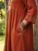Women’s Embroidered Trim Gathered Waist Cotton Midi Dress With Pockets