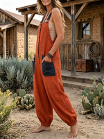 Rust Color Block Button Front Strap Baggy Linen Overalls Jumpsuit