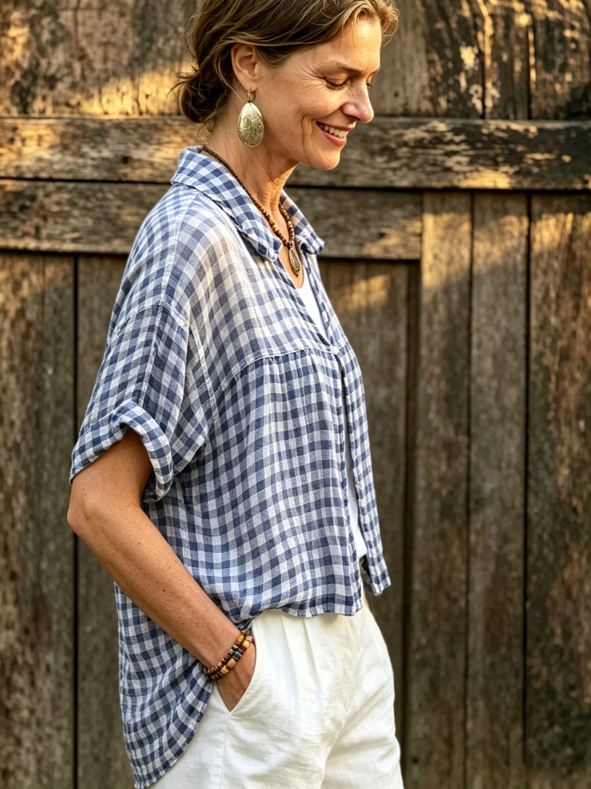 Women’s Blue White Gingham Collared Linen Shirt, Roll Up Short Sleeve Loose Plaid Blouse