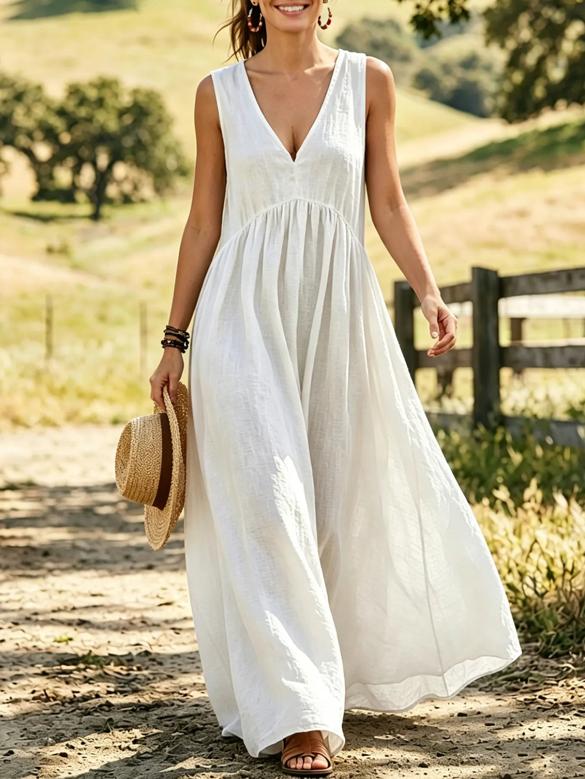Women's Solid Textured V-Neck Gathered Sleeveless Linen Maxi Dress