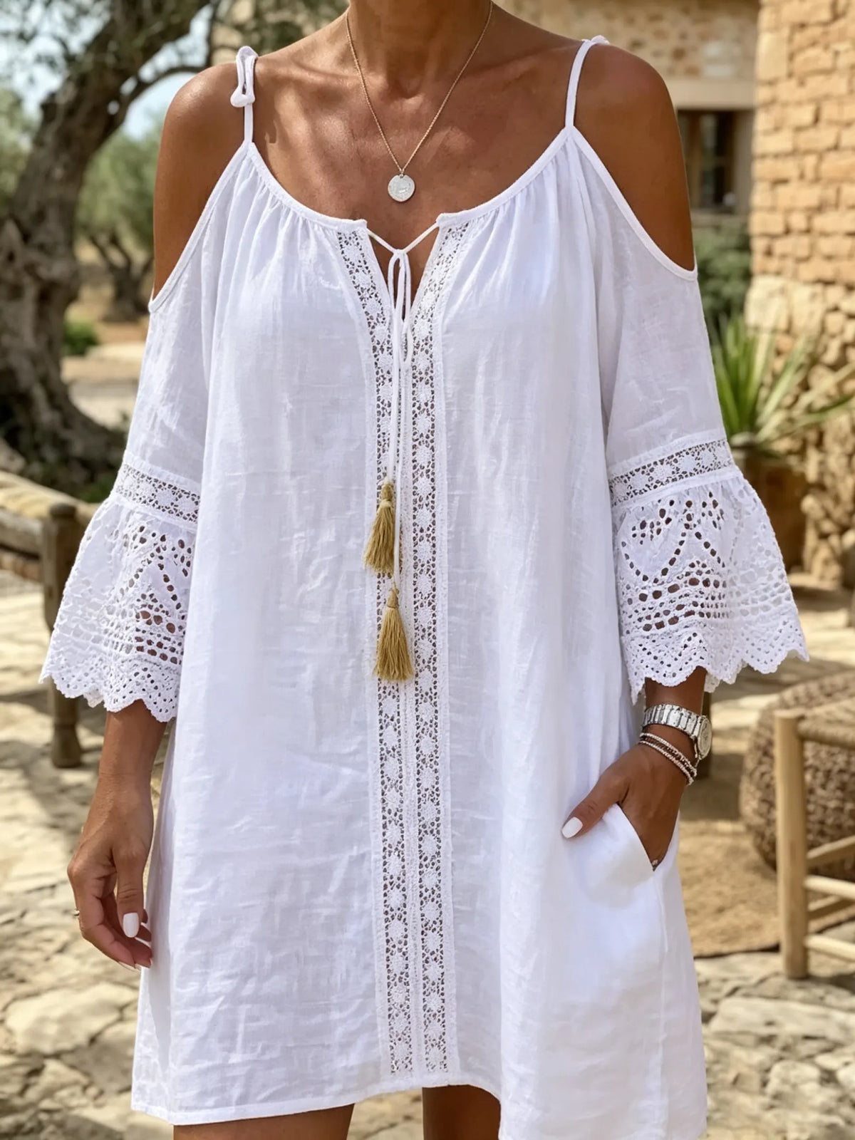 White Cold-Shoulder Lace Tunic Dress