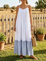 Women Solid Base Thin Vertical Stripe Patch Tiered Slip Maxi Dress