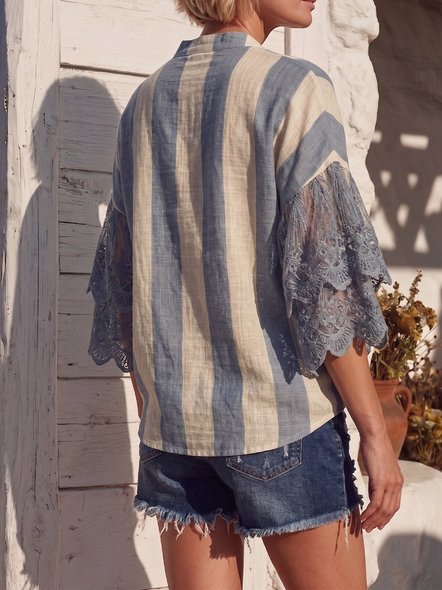 Vintage Art Comfortable Summer Fabrics Stripe Print Chiffon Shirt