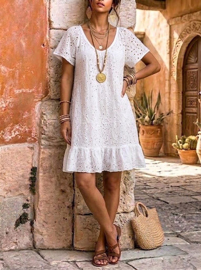 Women's White Eyelet Lace Ruffle Dress