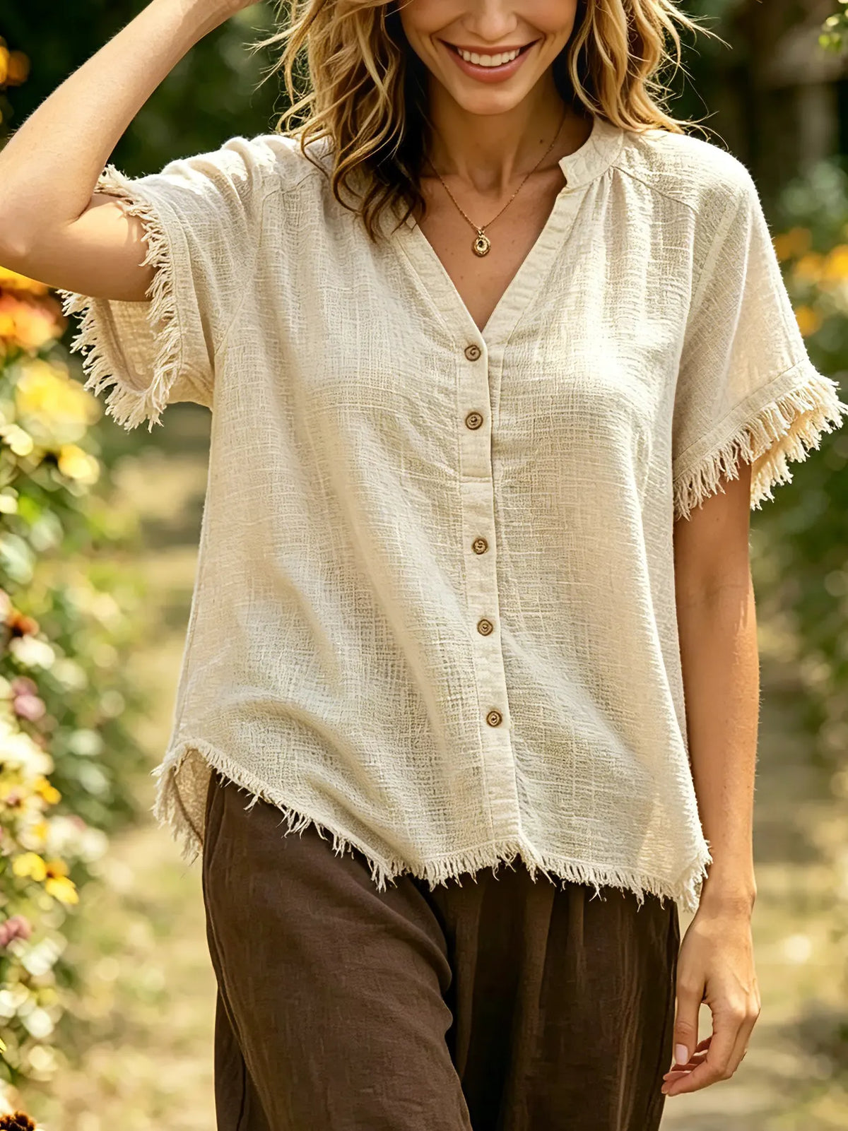 Women's Solid Textured Fringe Trim Short Sleeve V Neck Button Loose Top