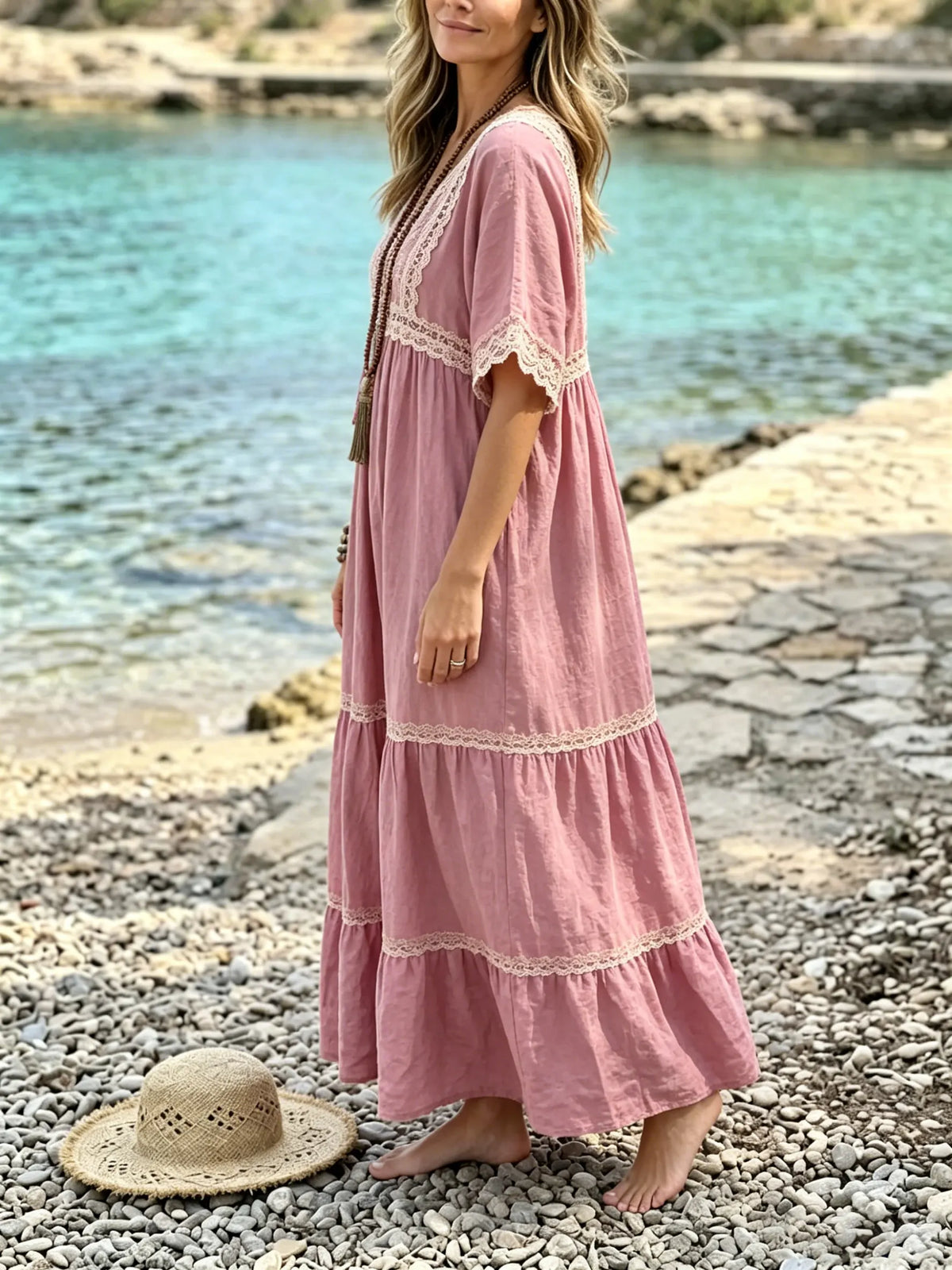 Women's Lace Linen-Blend Tiered Maxi Dress