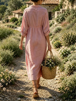 Women's Solid Textured Collar Button Front Gathered 3/4 Sleeve Linen Midi Dress