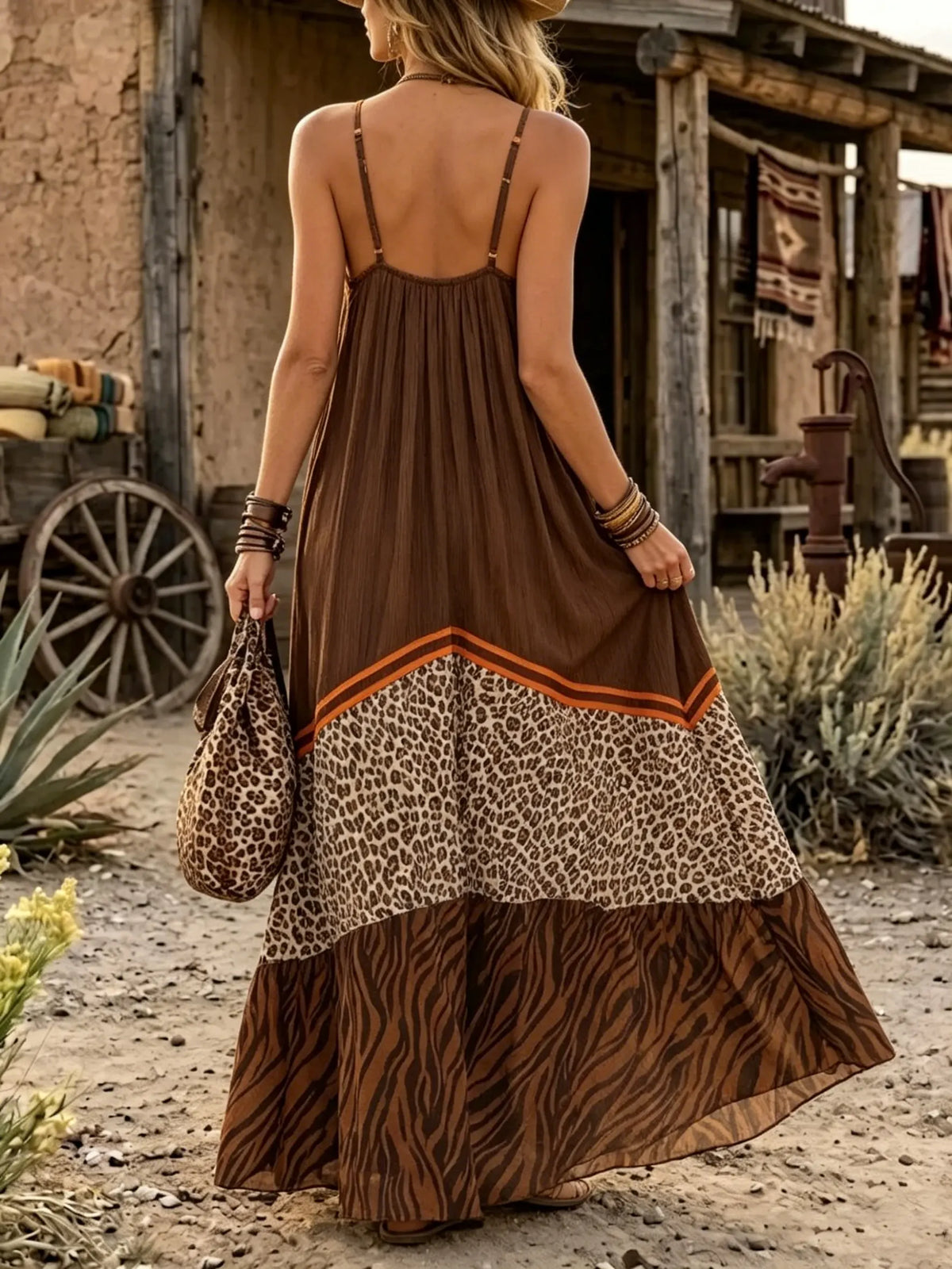Bohemian Safari Mixed Print Halter Dress