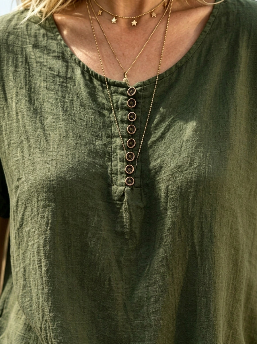 Women’s Army Green Henley Neck Rolled Cap Sleeve Linen Casual Blouse