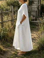 Women's Solid Textured Round Neck Dolman Short Sleeve Dual Pocket Loose Linen Maxi Dress