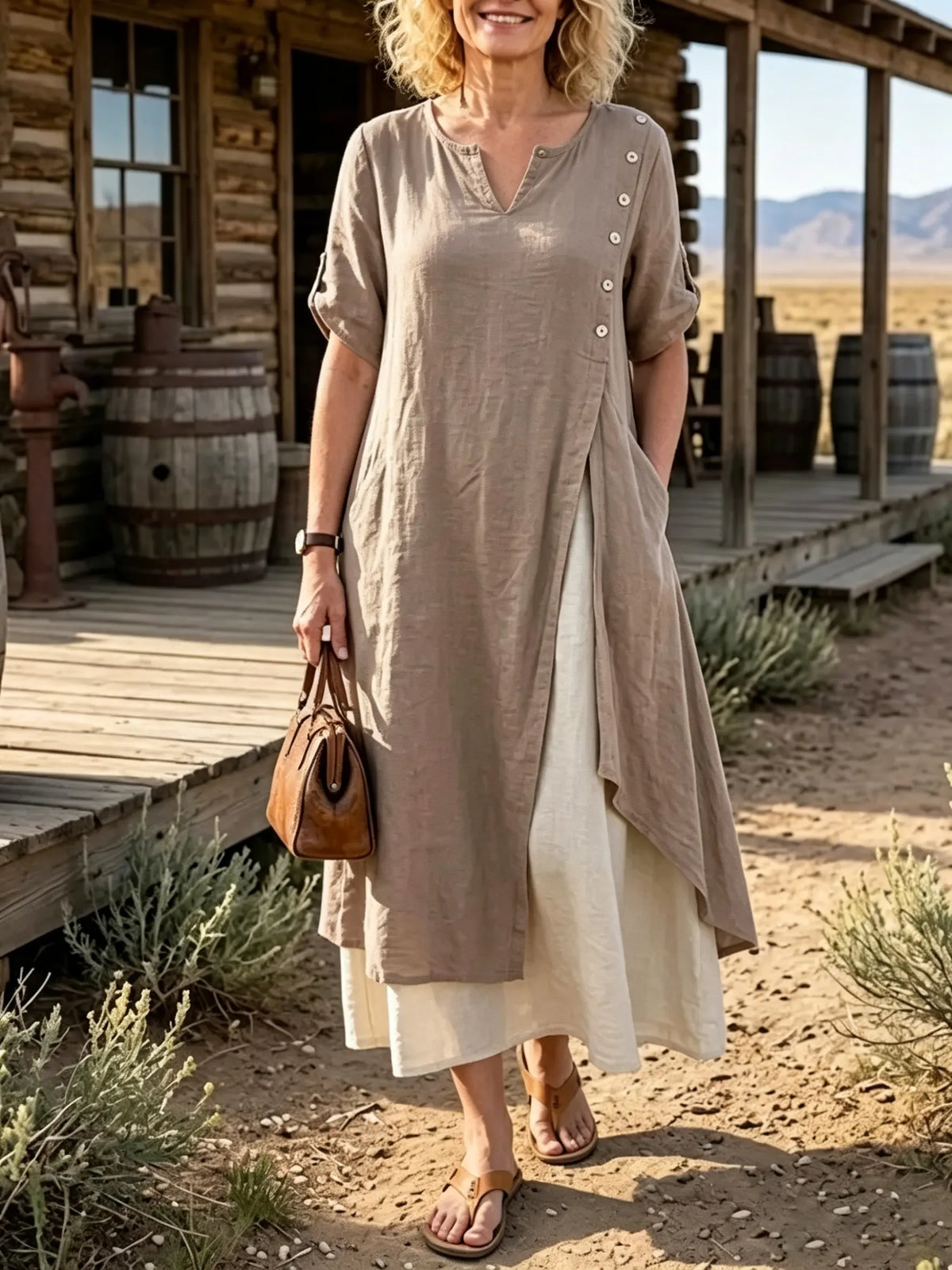 Women's Solid Linen Asymmetric Layered Side Button Poctket Dress