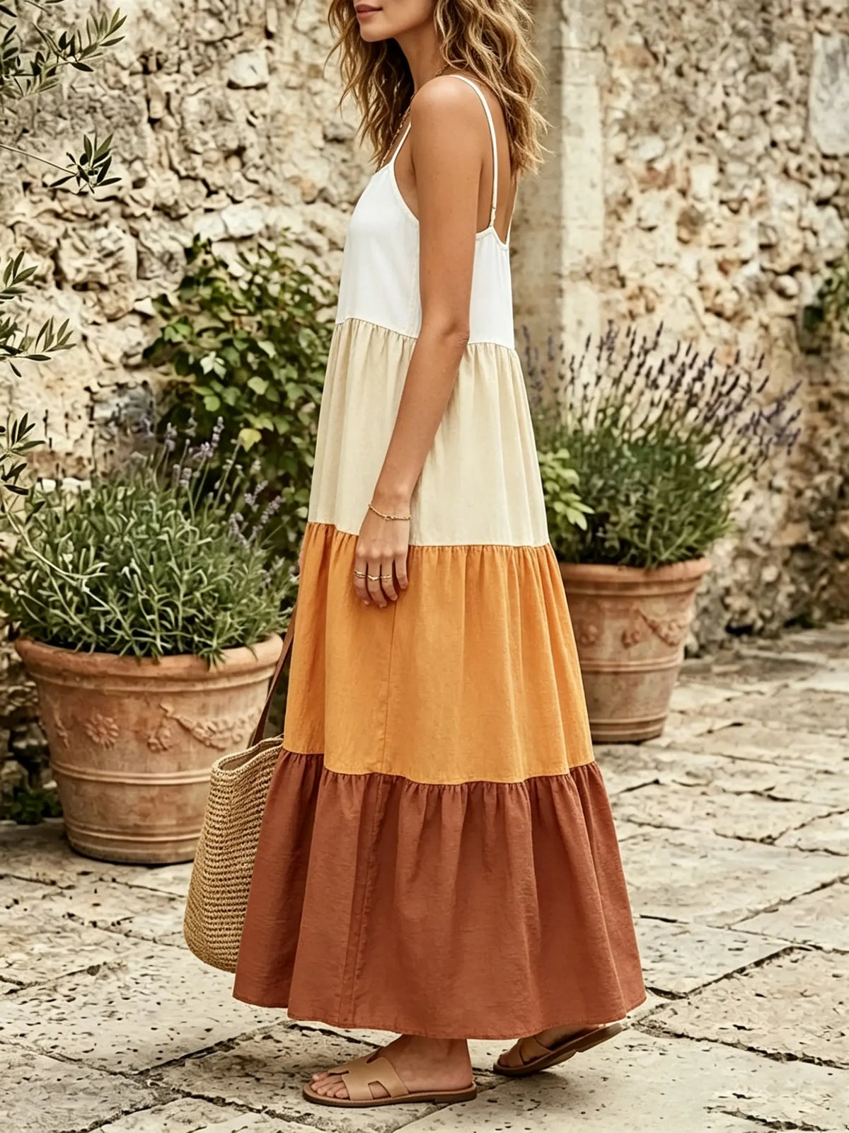 Women's Color-Block Striped Tiered Cami Maxi Dress