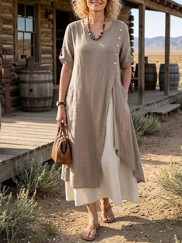 Women's Solid Linen Asymmetric Layered Side Button Poctket Dress