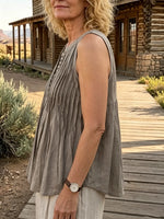Women's Solid Pleated Button Front Sleeveless Linen Tank Top