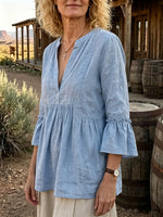 Women's Solid Linen Blend Split Neck Flare 3/4 Sleeve Blouse