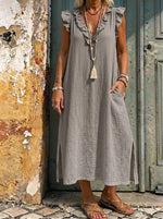 Women’s Ruffle V Neck Sleeveless Side Slit Cotton Linen Midi Dress With Pockets