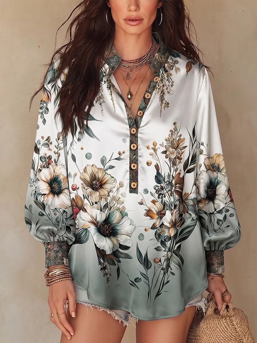 Boho-Chic Botanical Stand V-Neck Silk Blouse