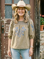 Women's Blue Floral Embroidered Puff Short Sleeve Smocked Square Neck Linen Blouse