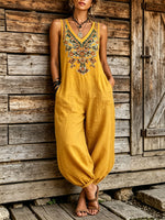 Women's Boho Embroidered Harem Jumpsuit – Sleeveless V-neck Loose Fit Cotton Linen Romper With Pockets