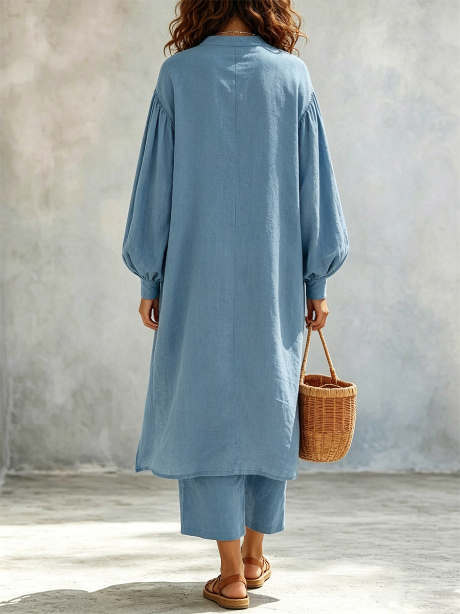 Women's V-Neck Art Casual Top And Pants Cotton And Linen Two-piece Set