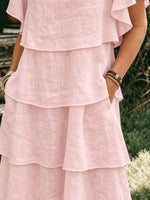 Women’s Ruffle Short Sleeve Tiered Linen Midi Dress, Loose Layered Casual Dress With Side Pockets