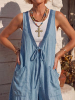 Vintage Art Comfortable Summer Fabrics Sleeveless Patchwork Soft Denim Jumpsuit