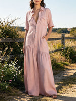 Women's Cotton Linen Pocket Shirt Maxi Dress With Ruffled Hem