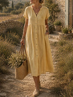 Women's Solid Textured Notched Neck Half Button Short Sleeve Pocket Midi Dress