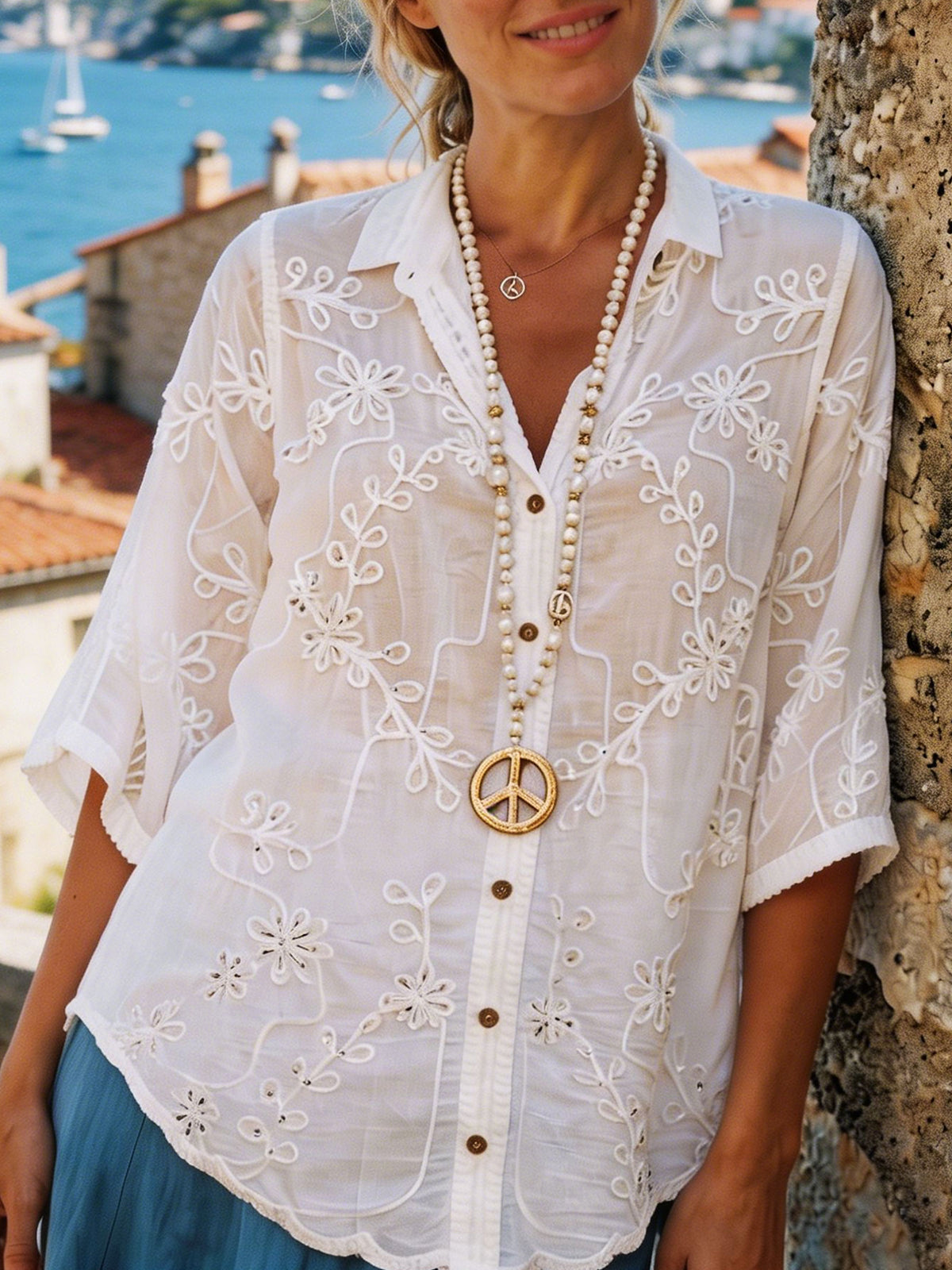 Women's Floral Embroidery Eyelet Half Sleeve Cotton Linen Shirt Blouse