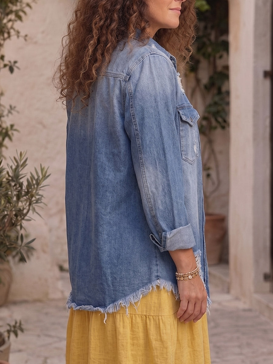 Vintage Art Elegant Lace Patchwork Ripped Denim Jacket