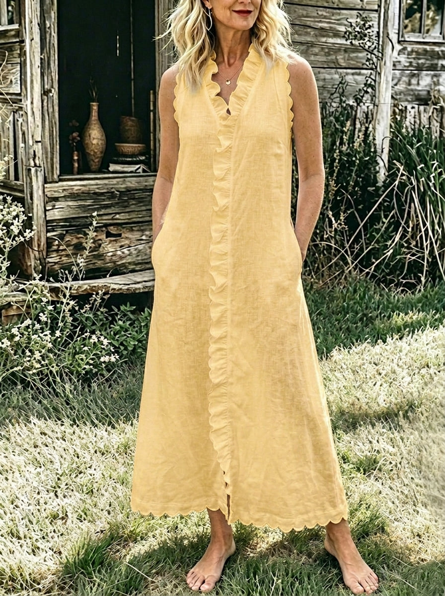 Women's Scalloped Ruffle V Neck Sleeveless Linen Midi Dress with Side Pockets