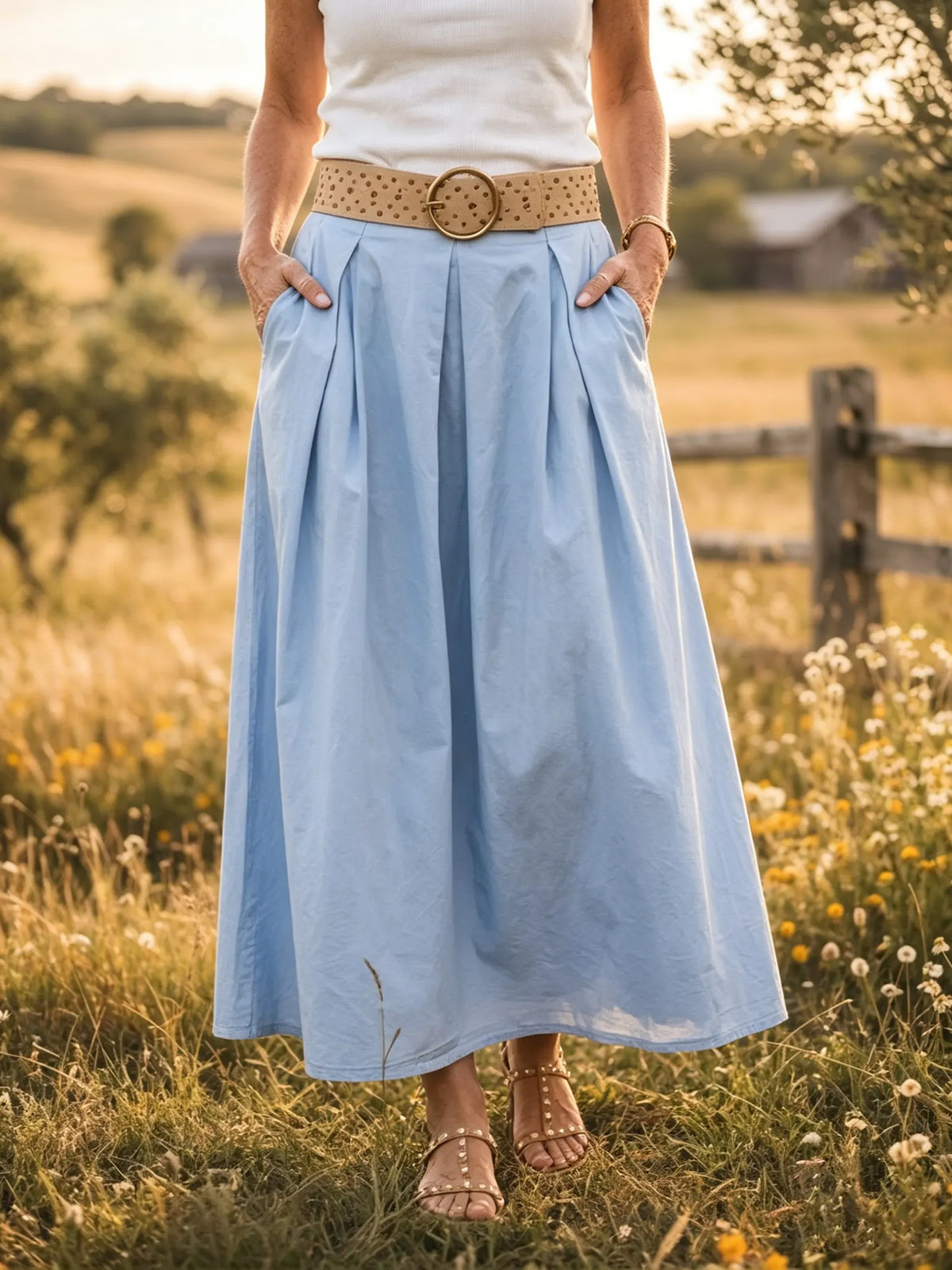 Women's Solid Pleated A-Line Cotton Maxi Skirt with Pockets