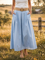 Women's Solid Pleated A-Line Cotton Maxi Skirt with Pockets