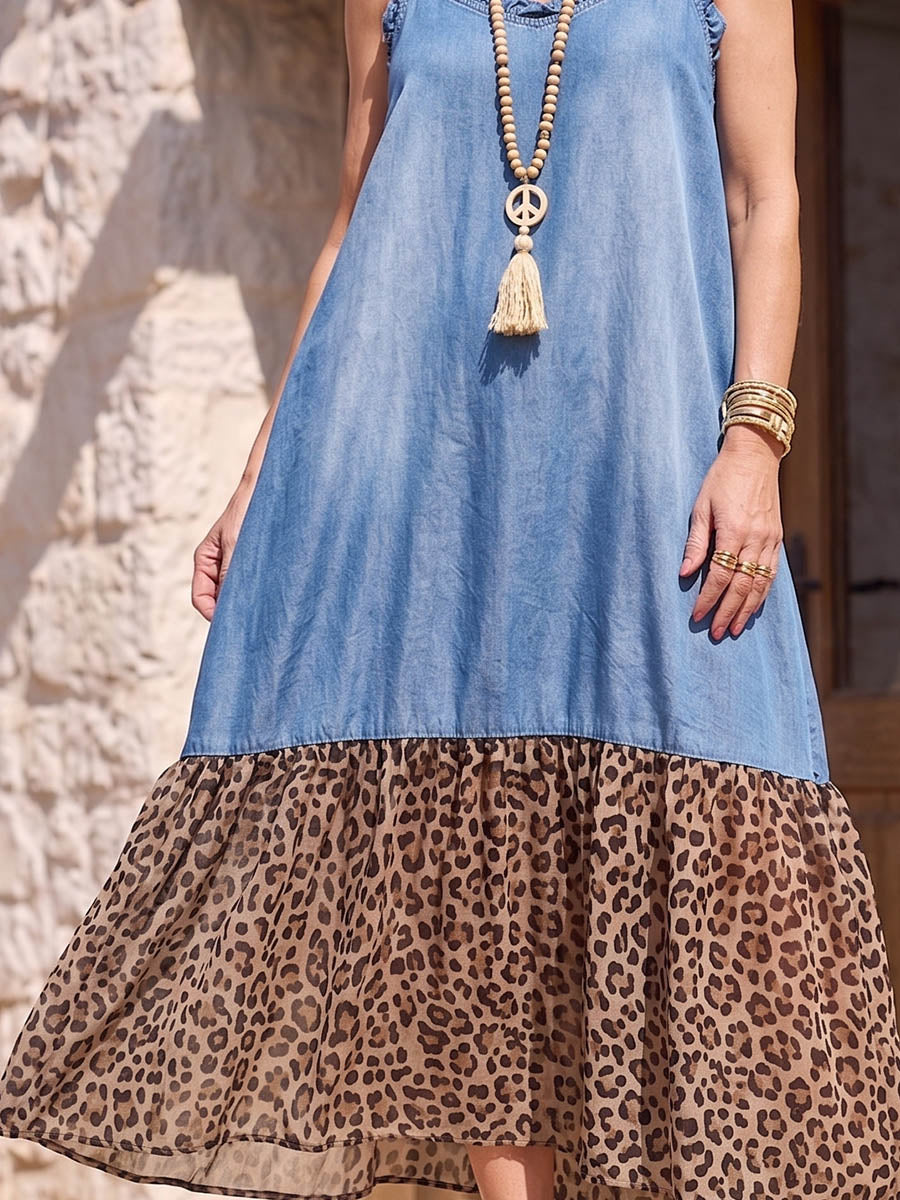 Vintage Art Comfortable Summer Fabrics Denim Patchwork Chiffon Dress