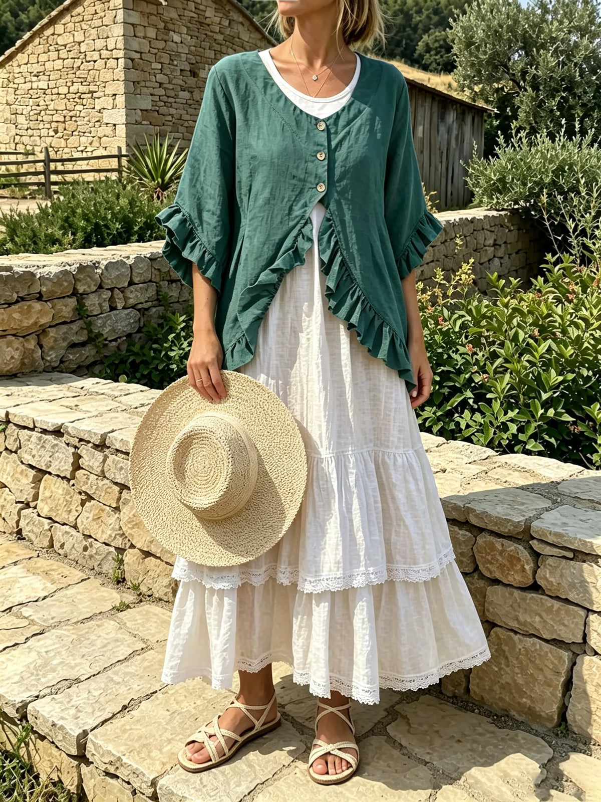Women's Solid-Color Ruffled Flared-Sleeve Cardigan